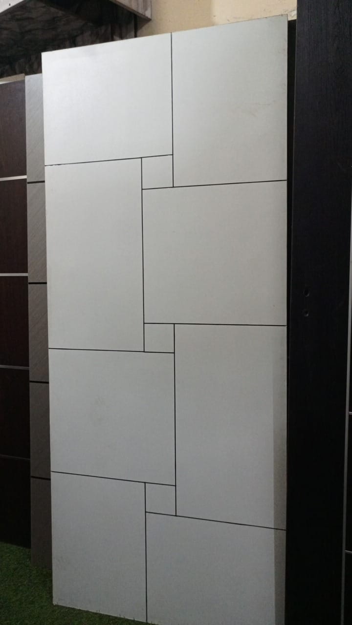 Modern white door with black geometric grid